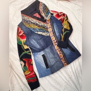 Desigual Marcella Denim Jacket Mixed Media Patchwork Art Jacket Size Small